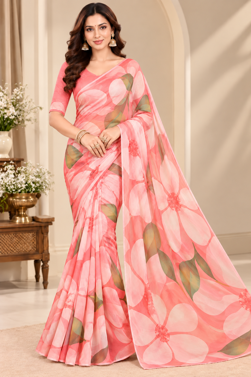 Peach Floral Printed Georgette Saree for Women