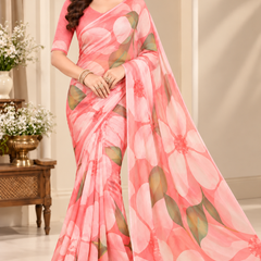 Peach Floral Printed Georgette Saree for Women
