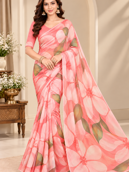 Peach Floral Printed Georgette Saree for Women