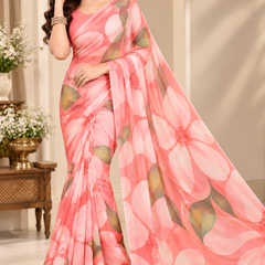 Peach Floral Printed Georgette Saree for Women