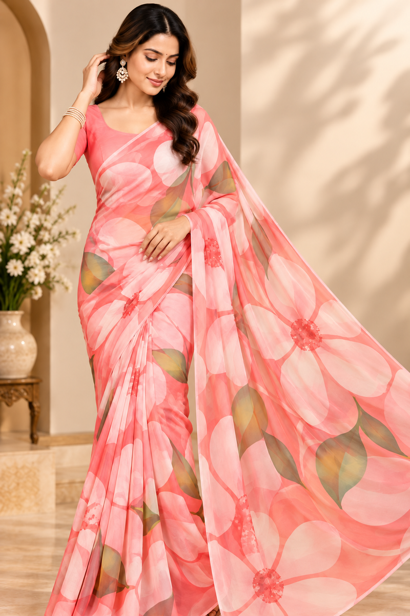 Peach Floral Printed Georgette Saree for Women