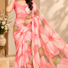Peach Floral Printed Georgette Saree for Women