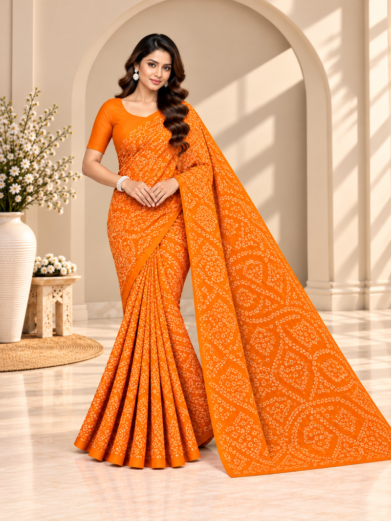 Orange Bandhani Printed Georgette Saree