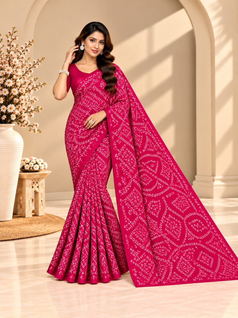 Pink Bandhani Printed Georgette Saree