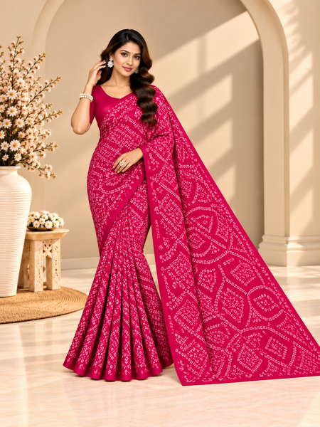 Pink Bandhani Printed Georgette Saree