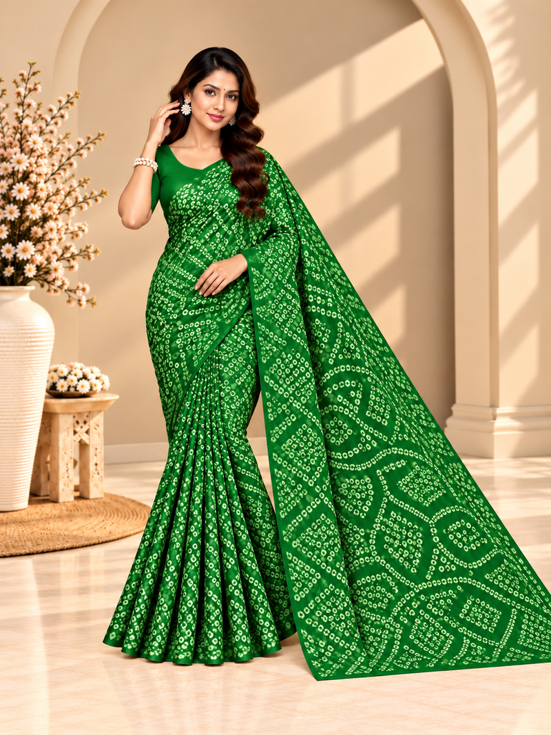 Green Bandhani Printed Georgette Saree
