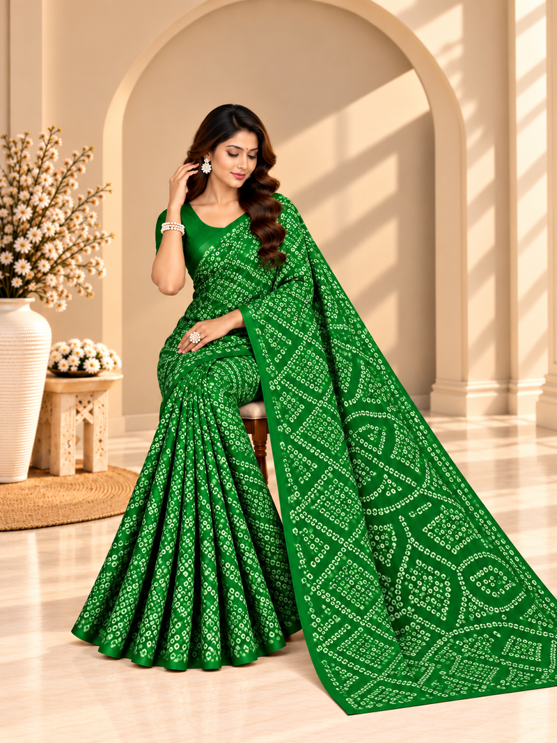 Green Bandhani Printed Georgette Saree