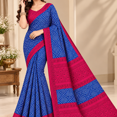 Blue Bandhani Printed Saree with Pink Border for Women