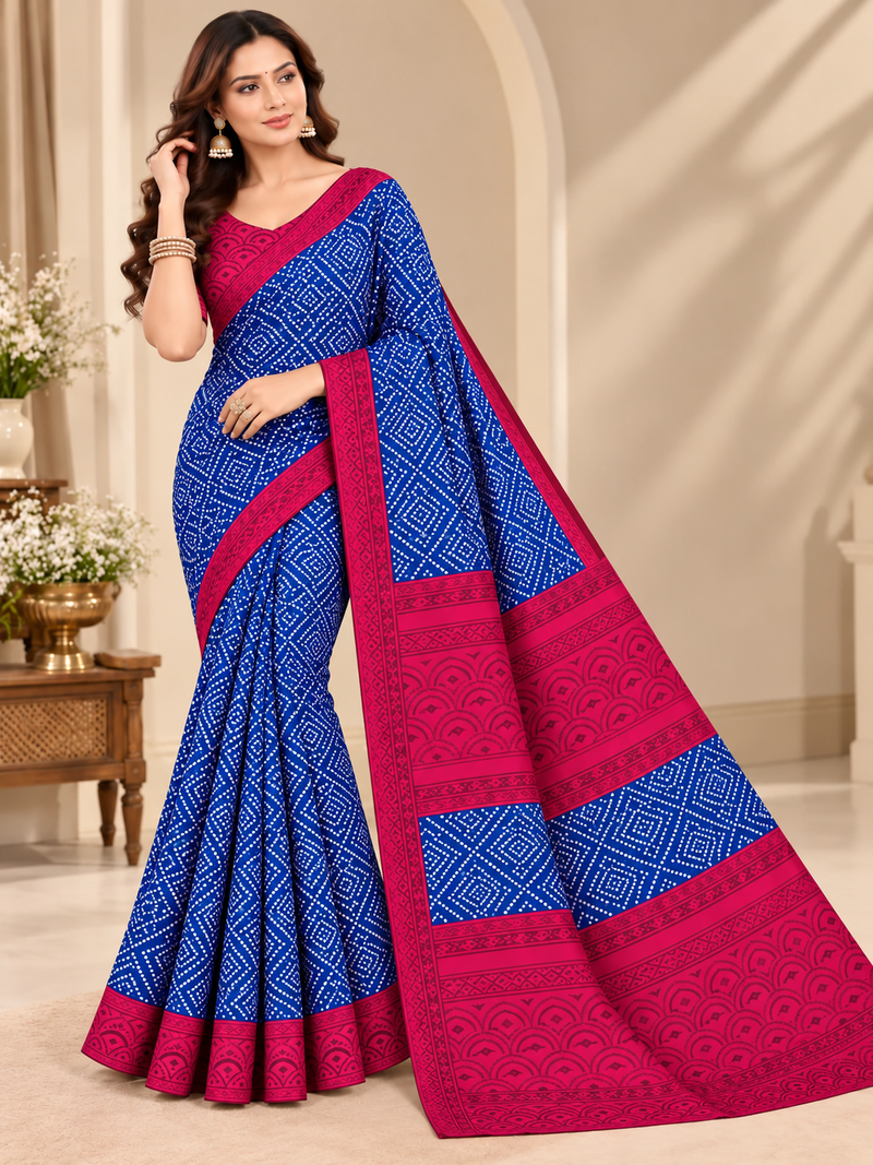 Blue Bandhani Printed Saree with Pink Border for Women