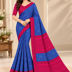 Blue Bandhani Printed Saree with Pink Border for Women