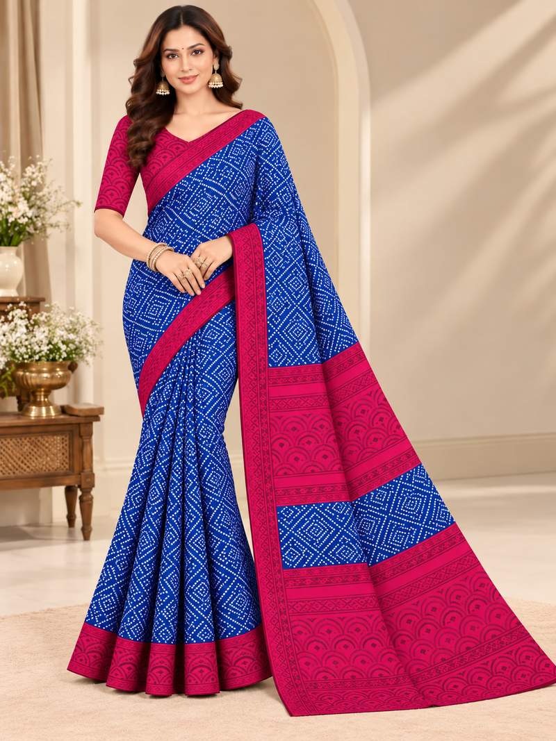 Blue Bandhani Printed Saree with Pink Border for Women
