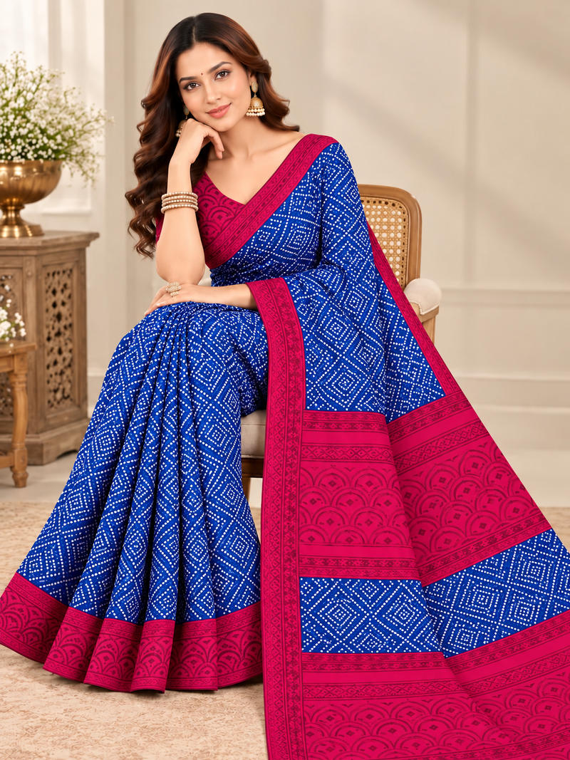 Blue Bandhani Printed Saree with Pink Border for Women