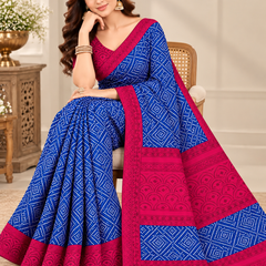 Blue Bandhani Printed Saree with Pink Border for Women