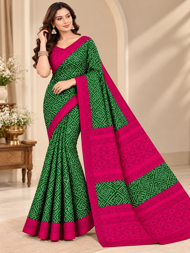 Green Bandhani Printed Saree With Pink Border