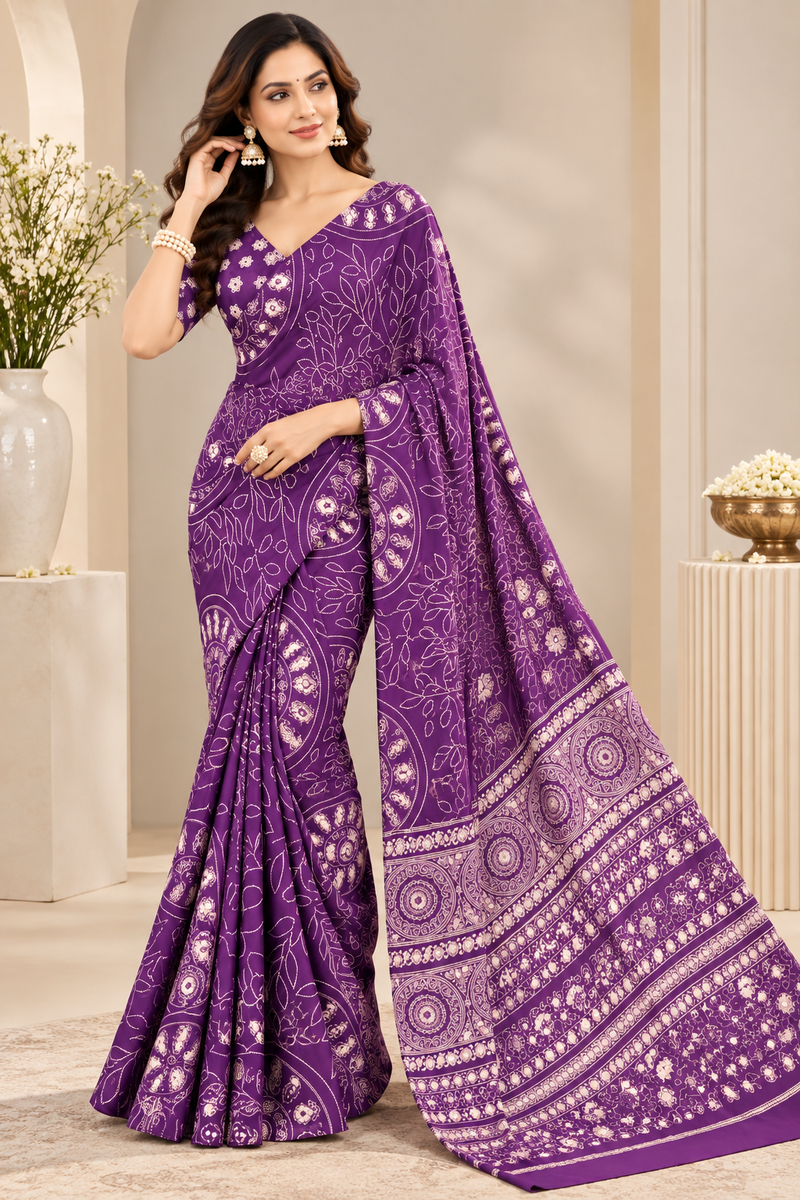 Purple Modal Silk Saree with Mirror Work & Designer Border
