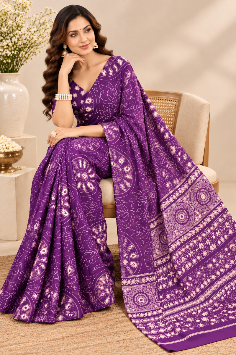 Purple Modal Silk Saree with Mirror Work & Designer Border