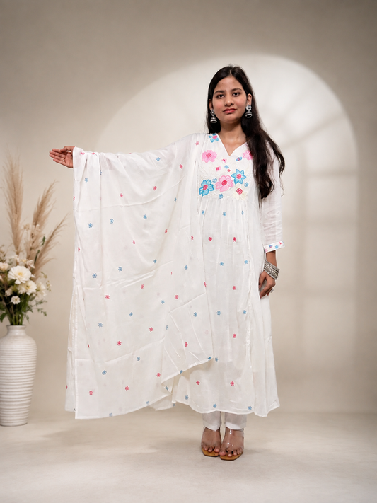Ruaati Women Premium Mul Cotton White Floral Embroidered A Line Kurta Set with Dupatta