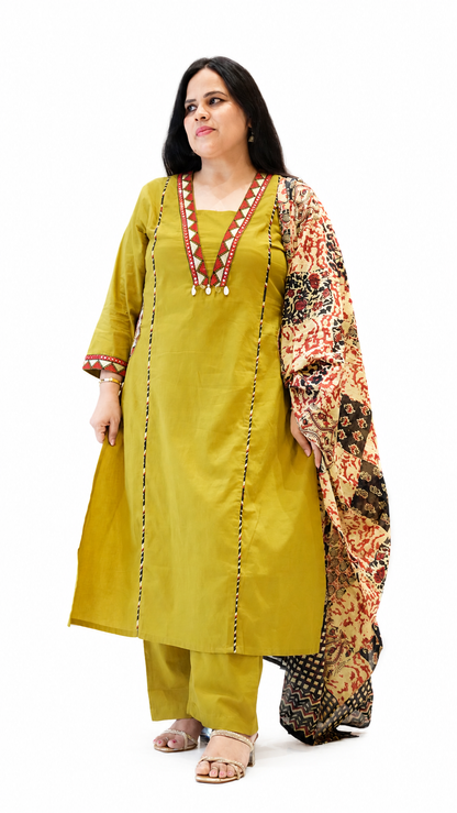 Ruaati Women Premium Mul Cotton Olive Green Printed Suit Set with Designer Dupatta
