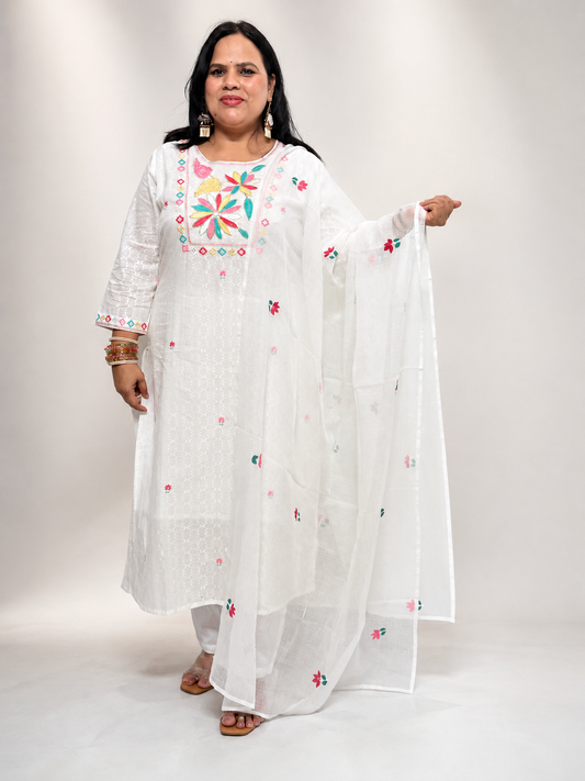 Ruaati Women Mul Cotton Embroidered White Kurta Set with Dupatta for Festive Wear