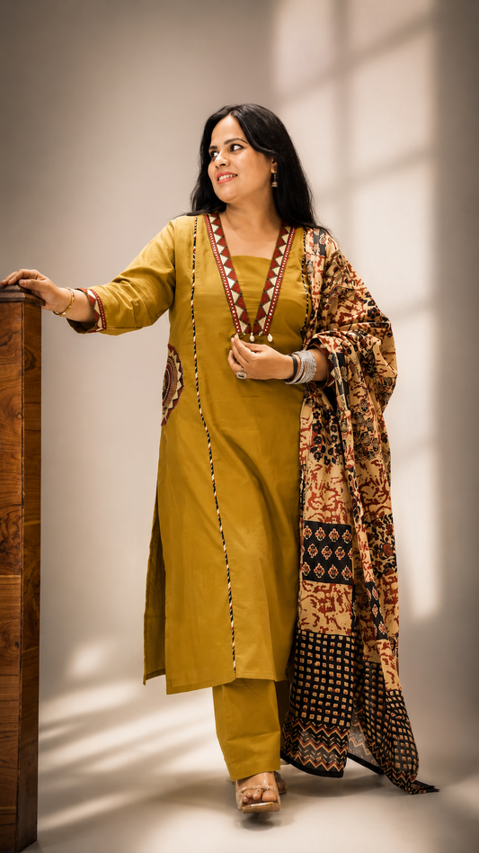 Ruaati Women Premium Mul Cotton Olive Green Printed Suit Set with Designer Dupatta