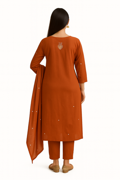 Ruaati Women Cotton Embroidery Kurta Pant Dupatta 3 PC. Suit for Festive Wear