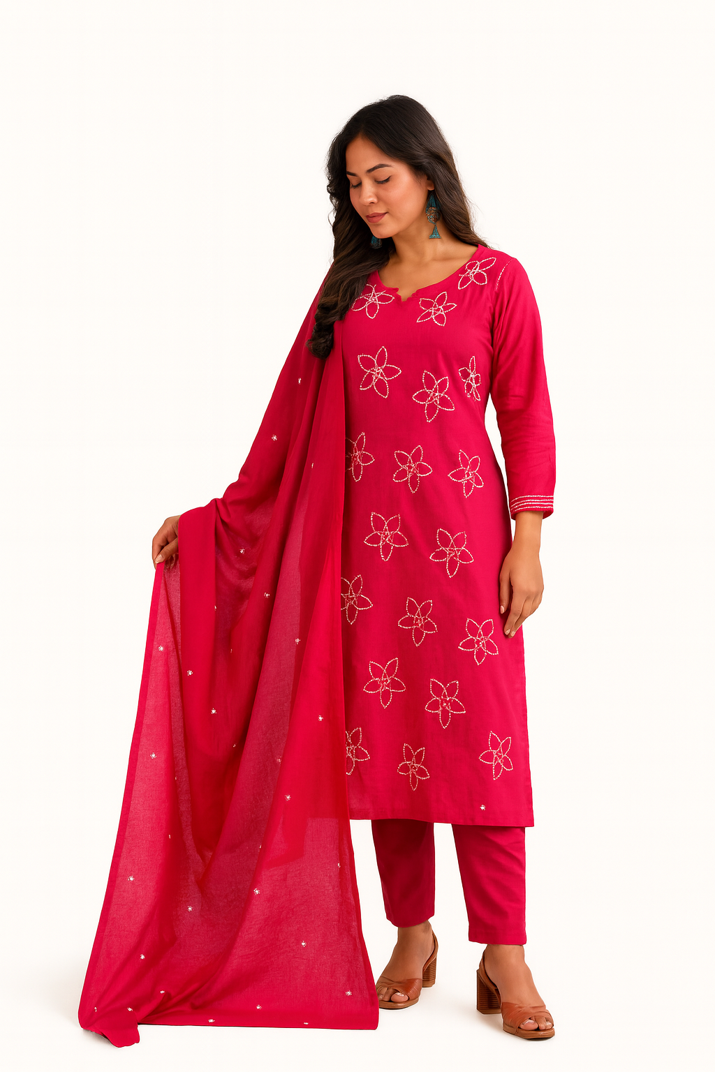 Ruaati Women Cotton Embroidery Kurta Pant Dupatta 3 PC. Suit for Festive Wear