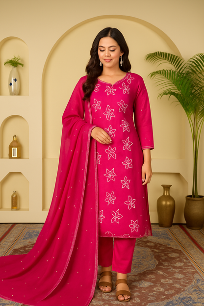 Ruaati Women Cotton Embroidery Kurta Pant Dupatta 3 PC. Suit for Festive Wear