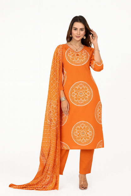 Ruaati Women Cotton Embroidery Kurta Pant Dupatta Suit Set for Festive Wear