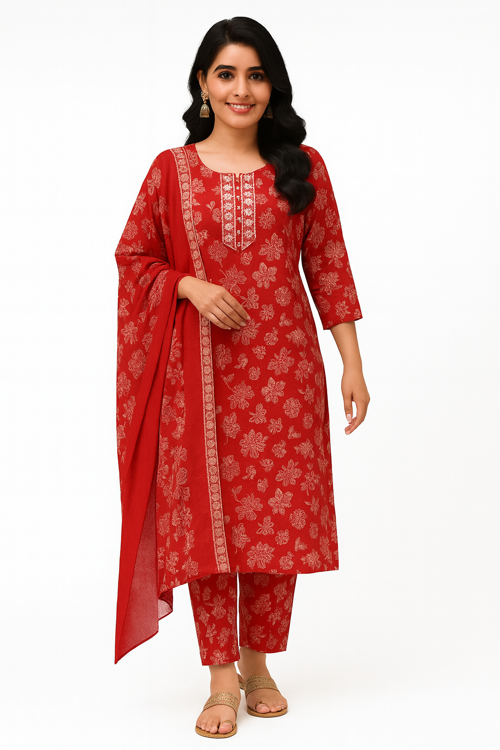 Ruaati Women Cotton Embroidery & Print Kurta Pant Dupatta Suit Set for Daily Wear