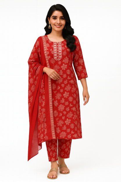 Ruaati Women Cotton Embroidery & Print Kurta Pant Dupatta Suit Set for Daily Wear