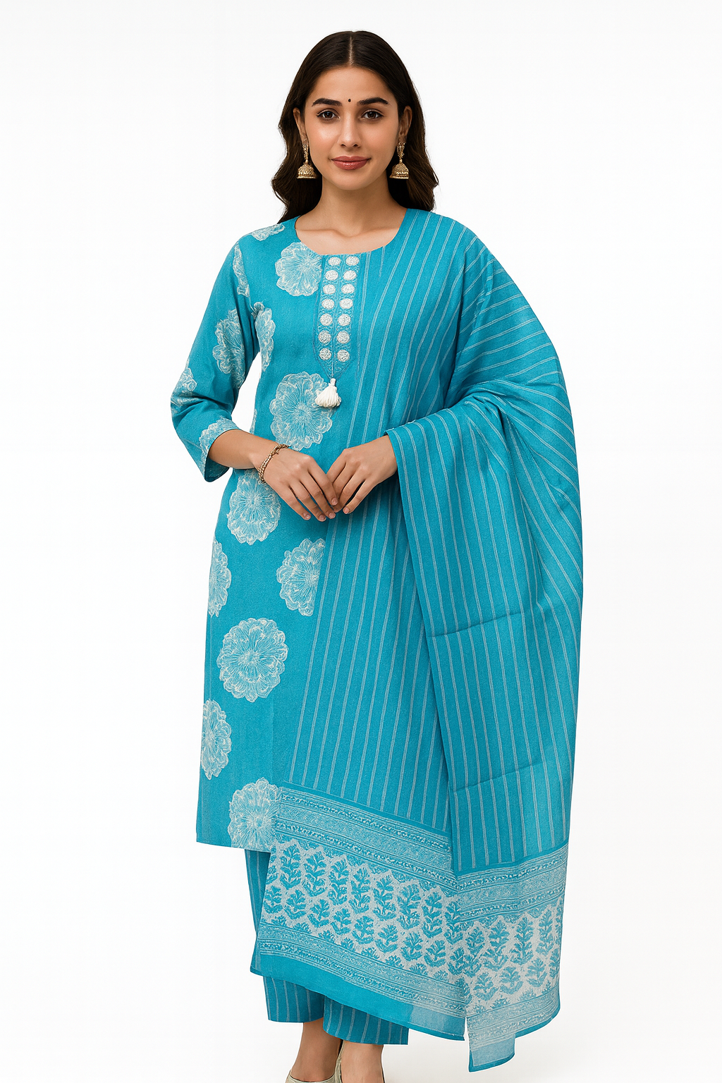 Ruaati Women Cotton Embroidery & Print Kurta Pant Dupatta Suit Set for Office & Daily Wear