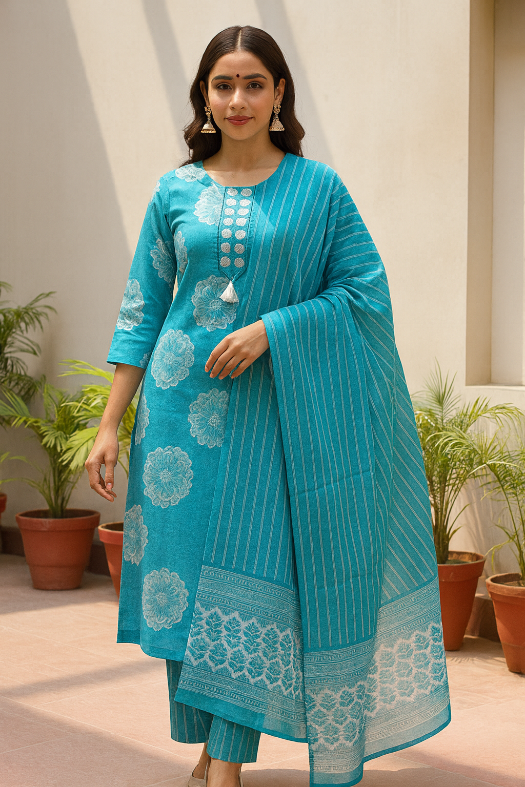 Ruaati Women Cotton Embroidery & Print Kurta Pant Dupatta Suit Set for Office & Daily Wear