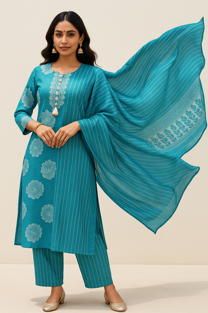 Ruaati Women Cotton Embroidery & Print Kurta Pant Dupatta Suit Set for Office & Daily Wear