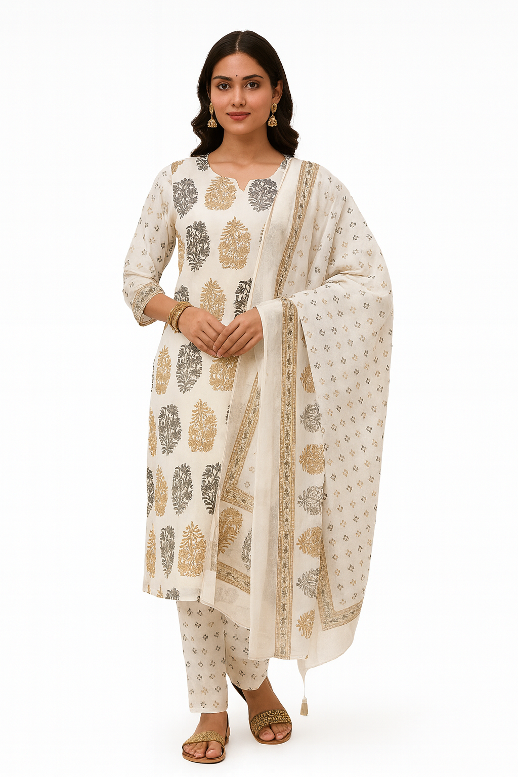 Ruaati Women Cotton Embroidery & Print Kurta Pant Dupatta Suit Set for Office & Daily Wear