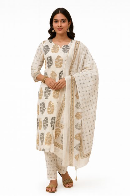 Ruaati Women Cotton Embroidery & Print Kurta Pant Dupatta Suit Set for Office & Daily Wear