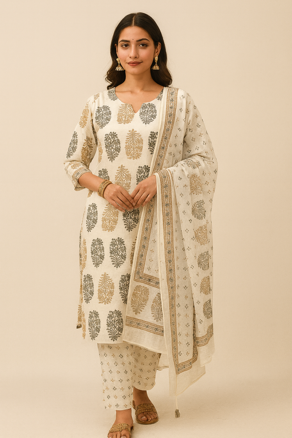 Ruaati Women Cotton Embroidery & Print Kurta Pant Dupatta Suit Set for Office & Daily Wear