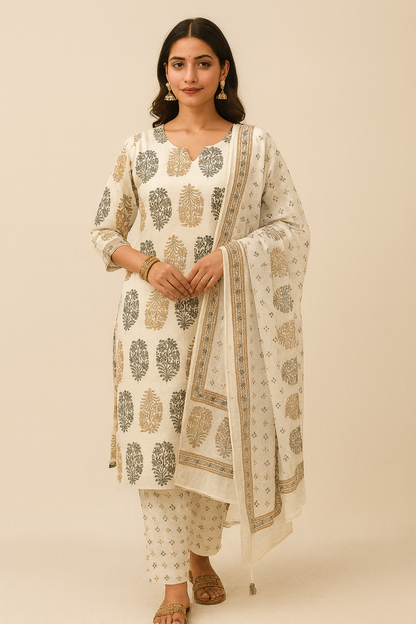 Ruaati Women Cotton Embroidery & Print Kurta Pant Dupatta Suit Set for Office & Daily Wear