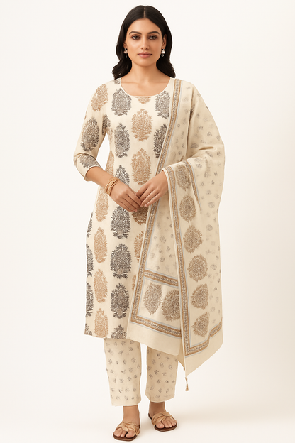 Ruaati Women Cotton Embroidery & Print Kurta Pant Dupatta Suit Set for Office & Daily Wear