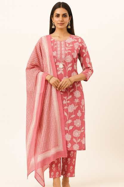 Ruaati Women Cotton Embroidery & Print Kurta Pant Dupatta Suit Set for Office & Daily Wear