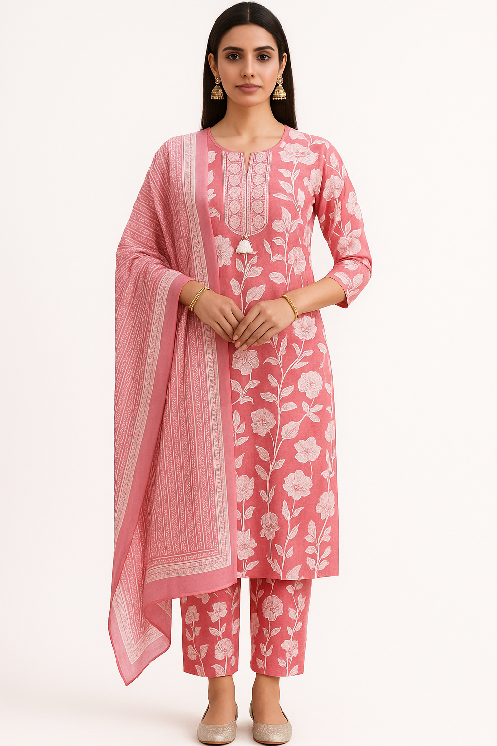 Ruaati Women Cotton Embroidery & Print Kurta Pant Dupatta Suit Set for Office & Daily Wear