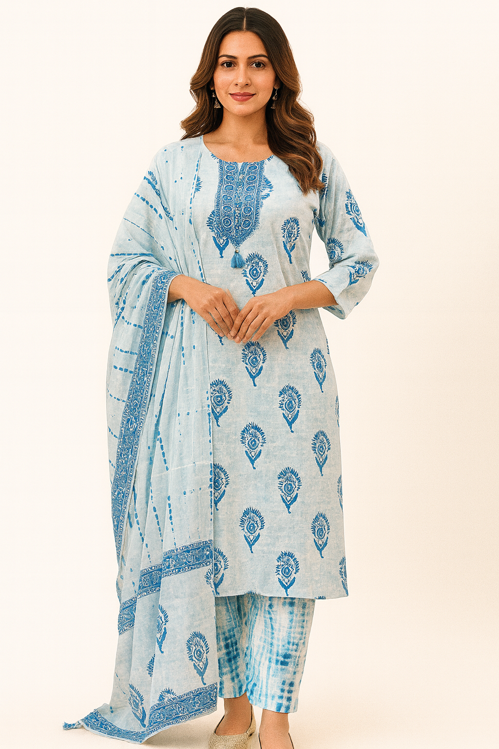 Ruaati Women Cotton Embroidery & Print Kurta Pant Dupatta Suit Set for Office Wear