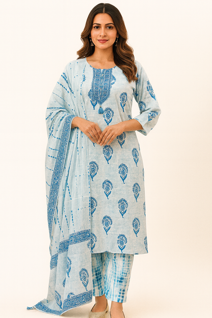 Ruaati Women Cotton Embroidery & Print Kurta Pant Dupatta Suit Set for Office Wear