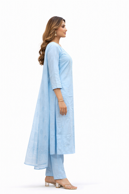 Ruaati Women Mul Cotton Embroidered Kurta Set with Dupatta Festive Wear