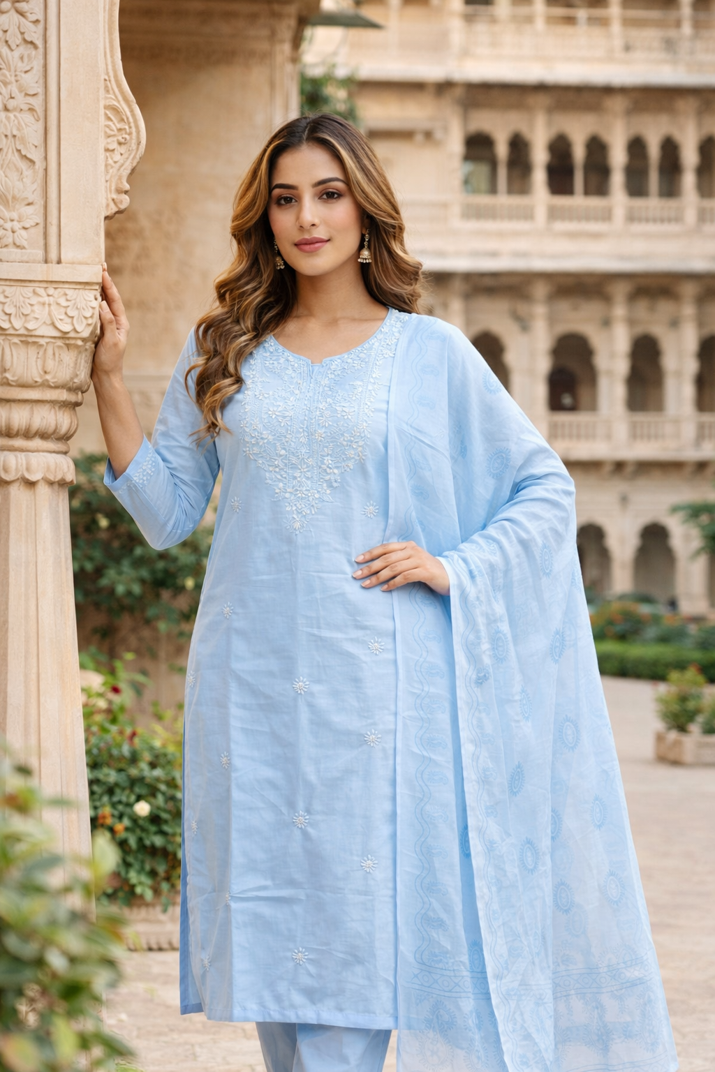 Ruaati Women Mul Cotton Embroidered Kurta Set with Dupatta Festive Wear