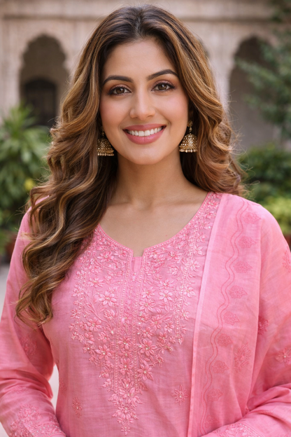 Ruaati Women Mul Cotton Embroidered Pink Kurta Sets with Dupatta Ethnic Wear