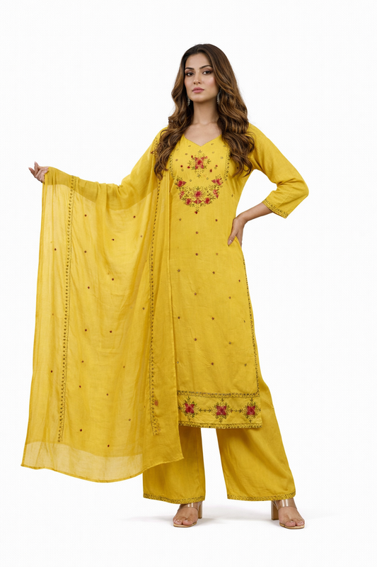 Ruaati Women Cotton Embroidered Yellow Kurta Set with Dupatta for Festive Wear