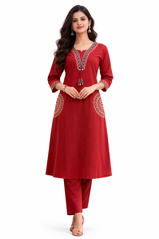 Ruaati Women Mustard Rust Embroidered A-Line Kurta Set