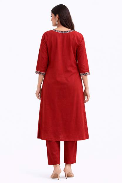 Ruaati Women Mustard Rust Embroidered A-Line Kurta Set