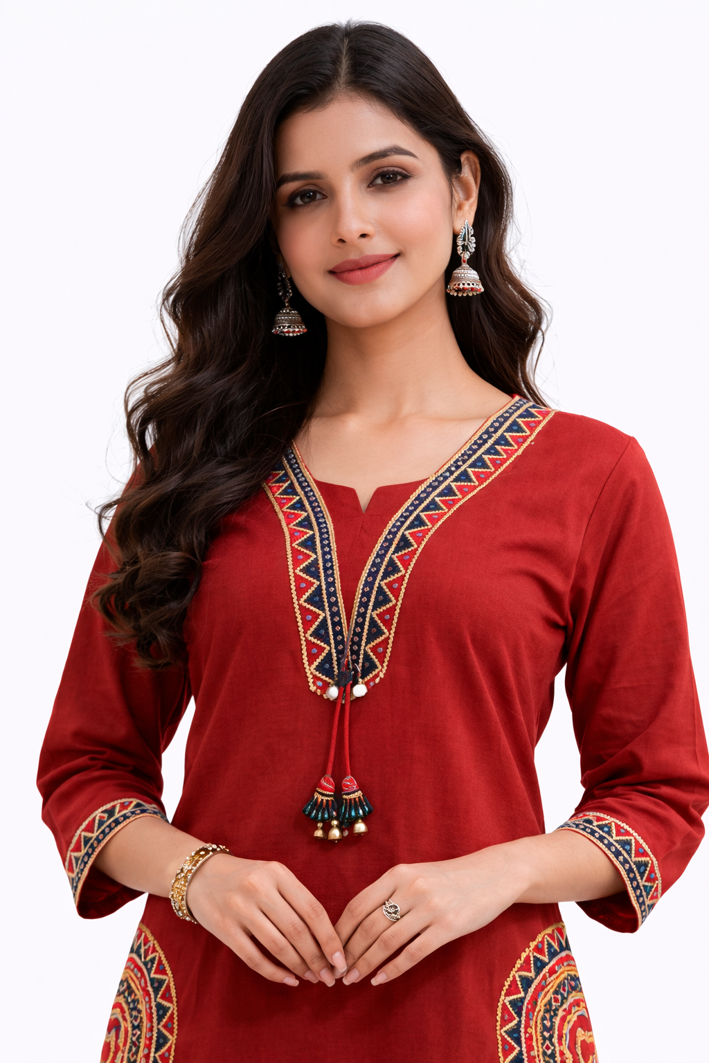Ruaati Women Mustard Rust Embroidered A-Line Kurta Set