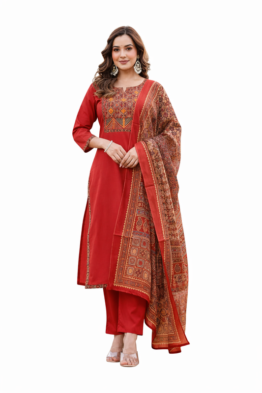 Ruaati Women Red Embroidered Kurta with Ethnic Yoke Design